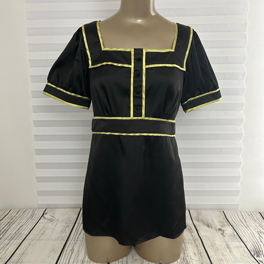 AGB Y2K Black Empire Waist Babydoll Top Lime Green Trim Square Neck Tie Back M